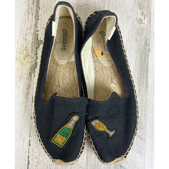 Saludos Womens 7 Black Cheers Champagne Bottle Glass Flats Slip On Espadrille - Picture 3 of 8